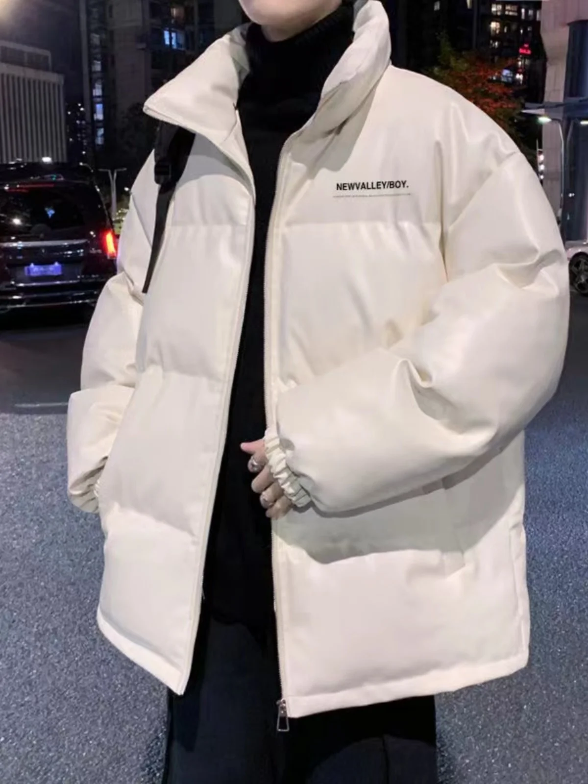 الرجال الشتاء بولي Leather الجلود الأبيض بطة أسفل سترة منفوخة الكورية فضفاض الوقوف طوق سميكة الدافئة العصرية الشباب Ins نمط أسفل معطف JK-214