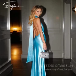 SSYTENS Halter Blue Evening Dress Backless Sleeveless Silk Satin Floor Length Prom Gown Custom Beach Sexy Birthday Party Dresses
