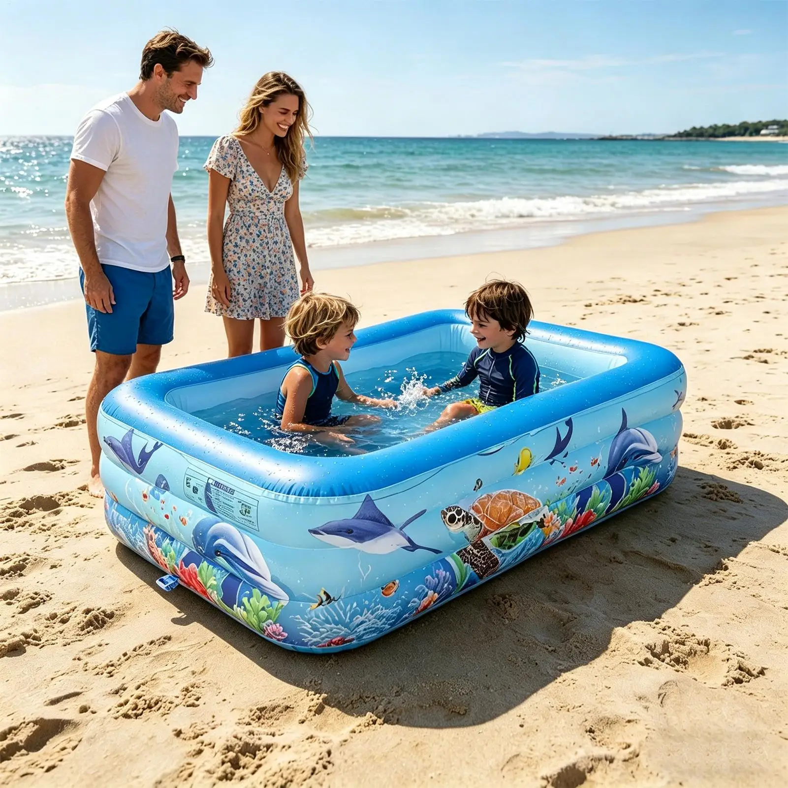 Blow Up Pool 140x90x45cm Rectangle Portable Inflatable Swimming Kiddie Pool for Backyard Outdoor Outside Summer Camping