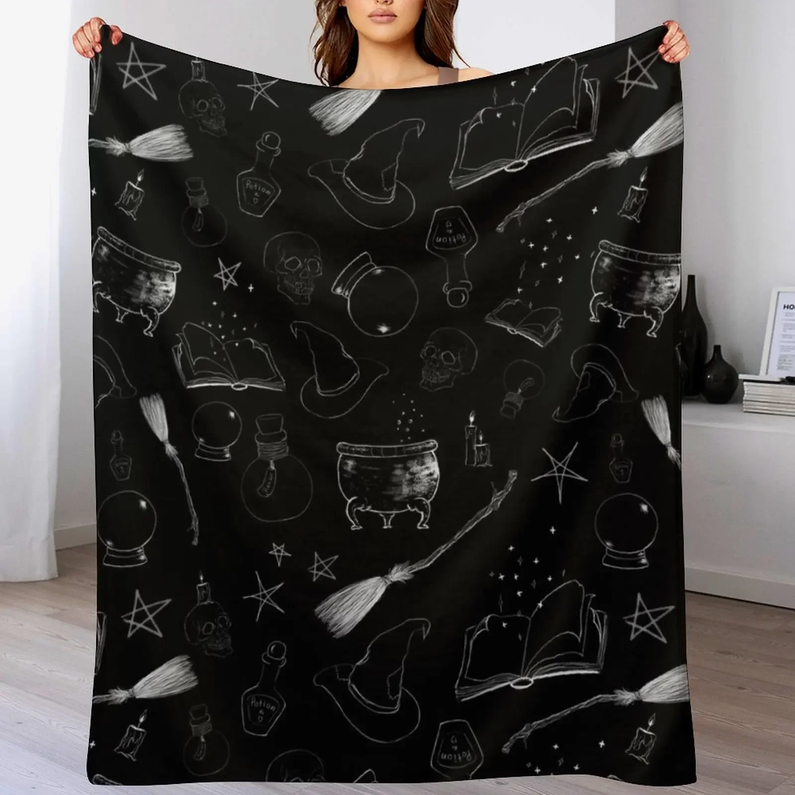 

Witchy Bits on Black Throw Blanket Hairys Flannel anime Baby Blankets