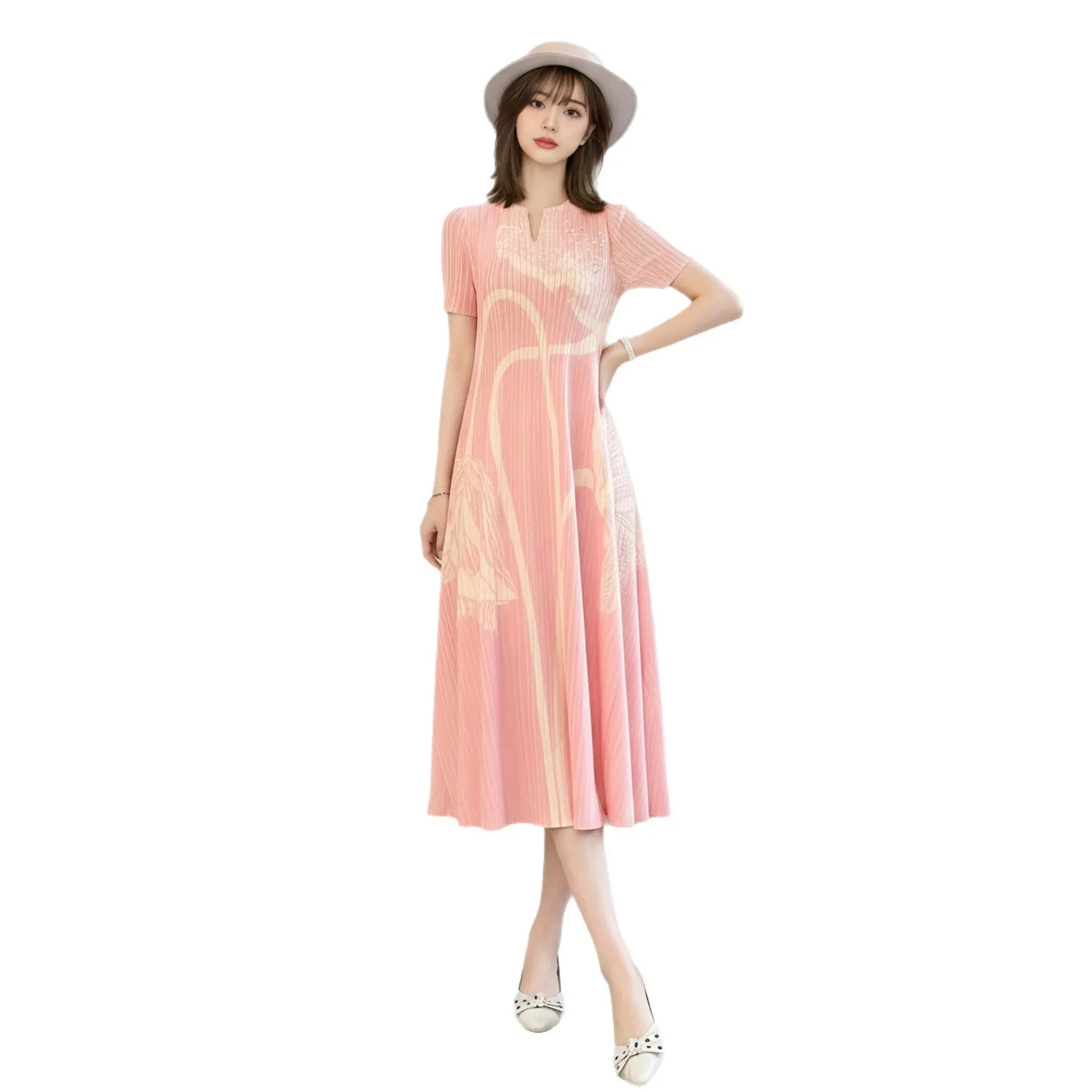 Miyake Pleated Women's Casual Dresses 2026 Summer New Gradient Printed Loose V Neck Short-sleeved Large Swing Dress - view 5