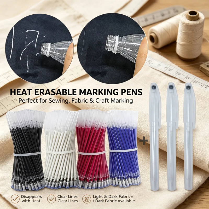 Heat Erasable Pens 103/203/303pcs High Temperature Disappearing Fabric Marker Pen for Patchwork Fabric PU Leather Sewing Tool