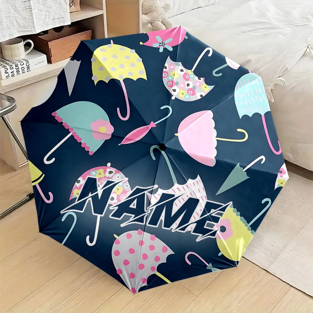 Custom Name Umbrella, Colorful Cartoon Umbrella Pattern Design on Blue Background Folding Umbrella for Sunny and Rainy,Gift
