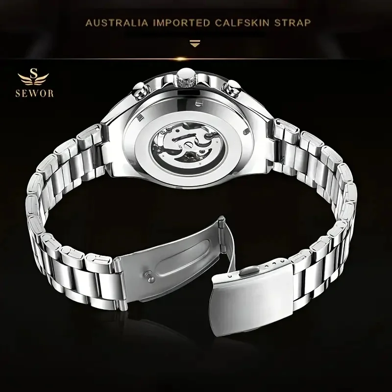 Fashion Statement, Men's Luxury Automatic Mechanical Watch - Elegant Stainless Steel Strap, Skeleton Transparent Back, Exquisite Style, Business Casual Versatile Trendy Men's Watch, the Best Gift for Him