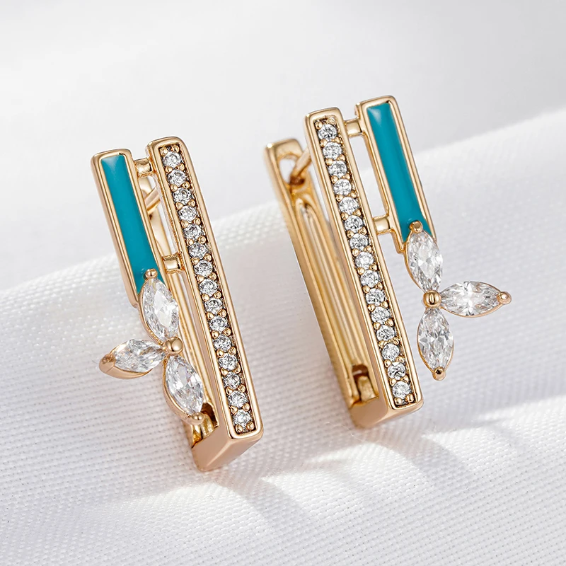 Wbmqda Unique Blue Enamel Dangle Earrings For Women 585 Rose Gold Color 2023 Trendy Crystal Flower Zircon Ear Drop Jewelry