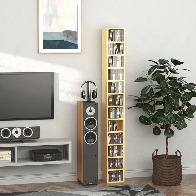 Meuble de rangement pour CD autoportant en bois, 21x20x175cm, étagère multimédia à 12 niveaux pouvant accueillir 204 CD, organisateur multimédia en MDF pour collection audio domestique.
