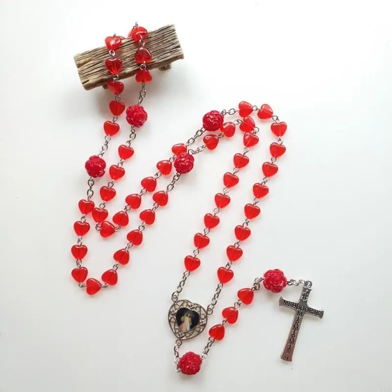 Red Hearts Catholic Rosary Necklace Beads Holy Figure Jesus Hanging Pendant Charm for Women Men Church Decoration Gift