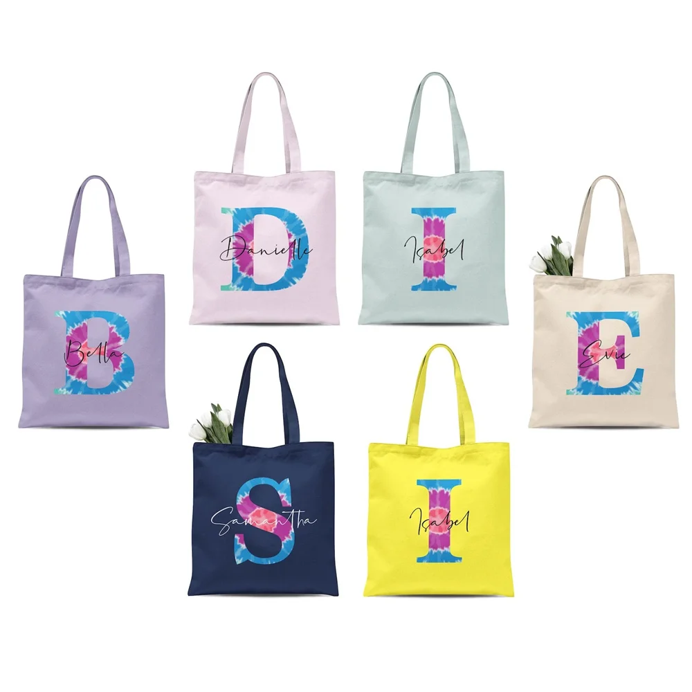 Retro Tie Dye Style Initial Alphabet Letter Personalised Custom Name Reusable Tote Bag Recycle Gift for Her Sister Mum Bride Bir