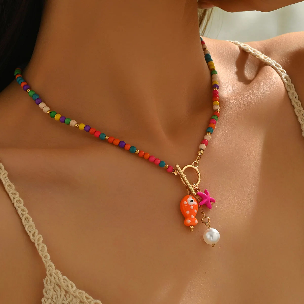 Bohemian Sea-Inspired Ceramic Fish Starfish Pendant Necklace Colorful Beads Ceramic Chain Bracelet Summer Ocean Beach Jewelry