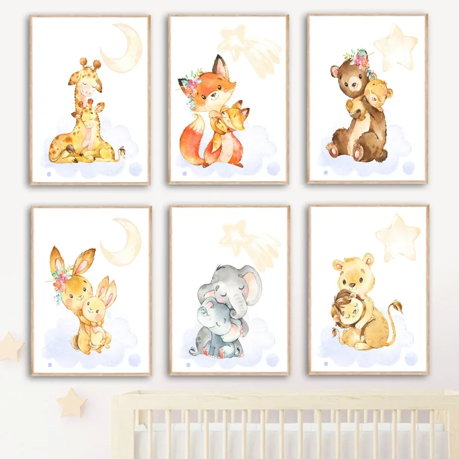 

Cartoon Animals Parent-child Art Canvas Painting Elephant Giraffe Rabbit Bear Fox Posters Prints Wall Pictures Kids Room Decor