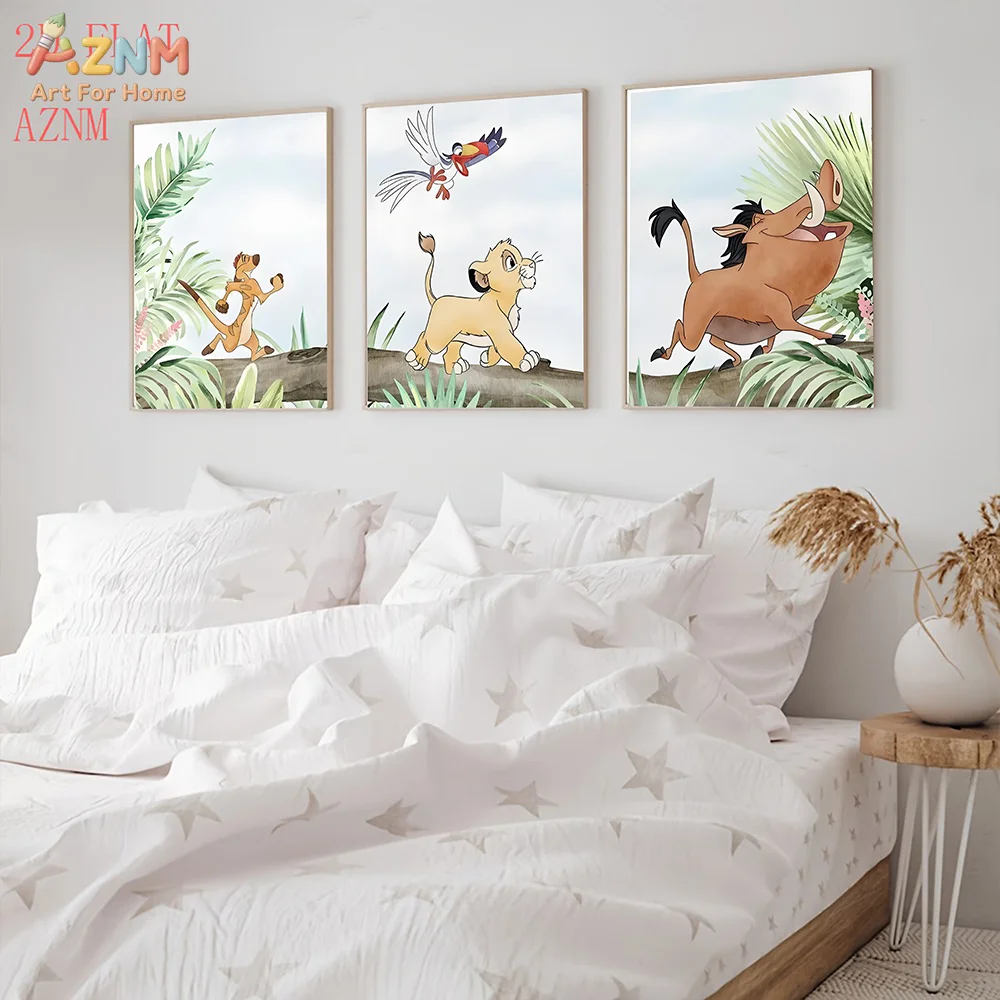 Lion King Simba Timon Pumbaa Watercolor Jungle Canvas Poster, Tropical Leaf Cartoon Wall Print, Safari Nursery Unframed Decor