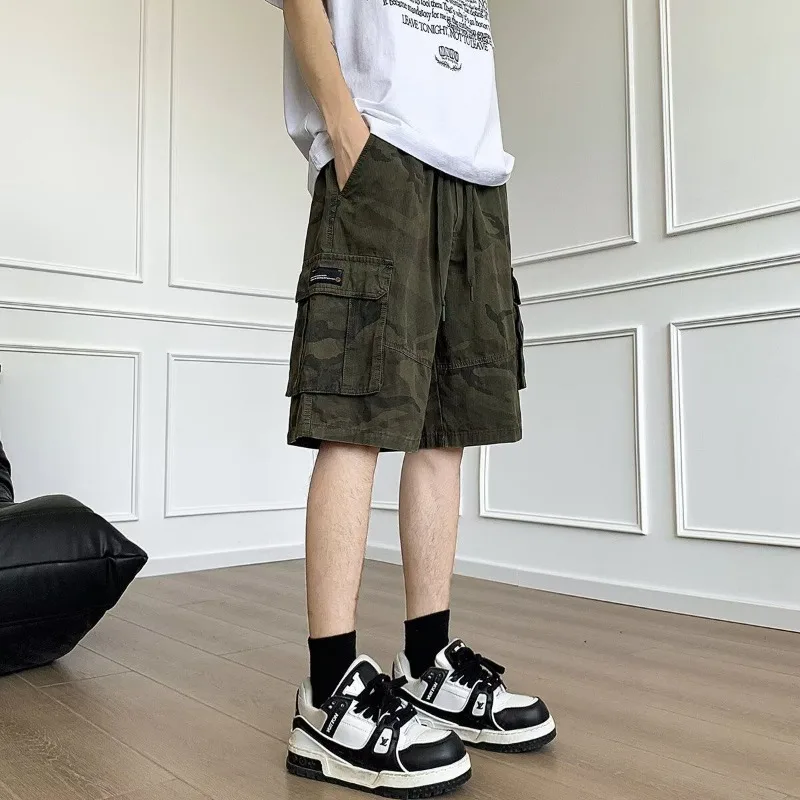 Mens Camo Print Multi Cargo Pockets Loose Fit Knee Length Casual Outdoor Shorts