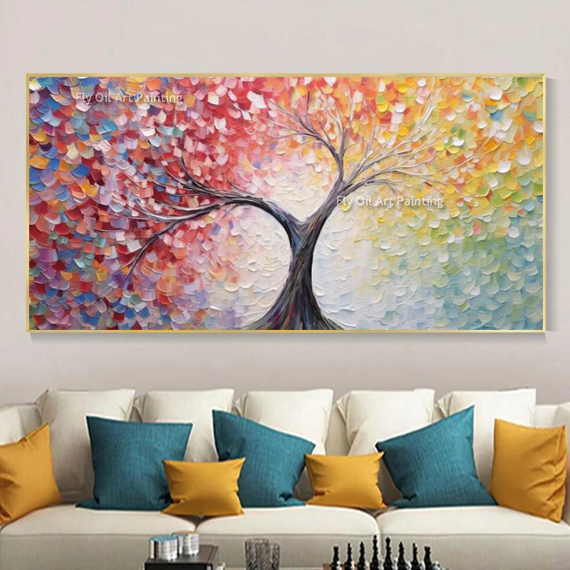 Large Handmade Four Seasons Tree Oil Painting Palette Knife Thick Texture Abstract Canvas Wall Art Colorful Pictures for Living