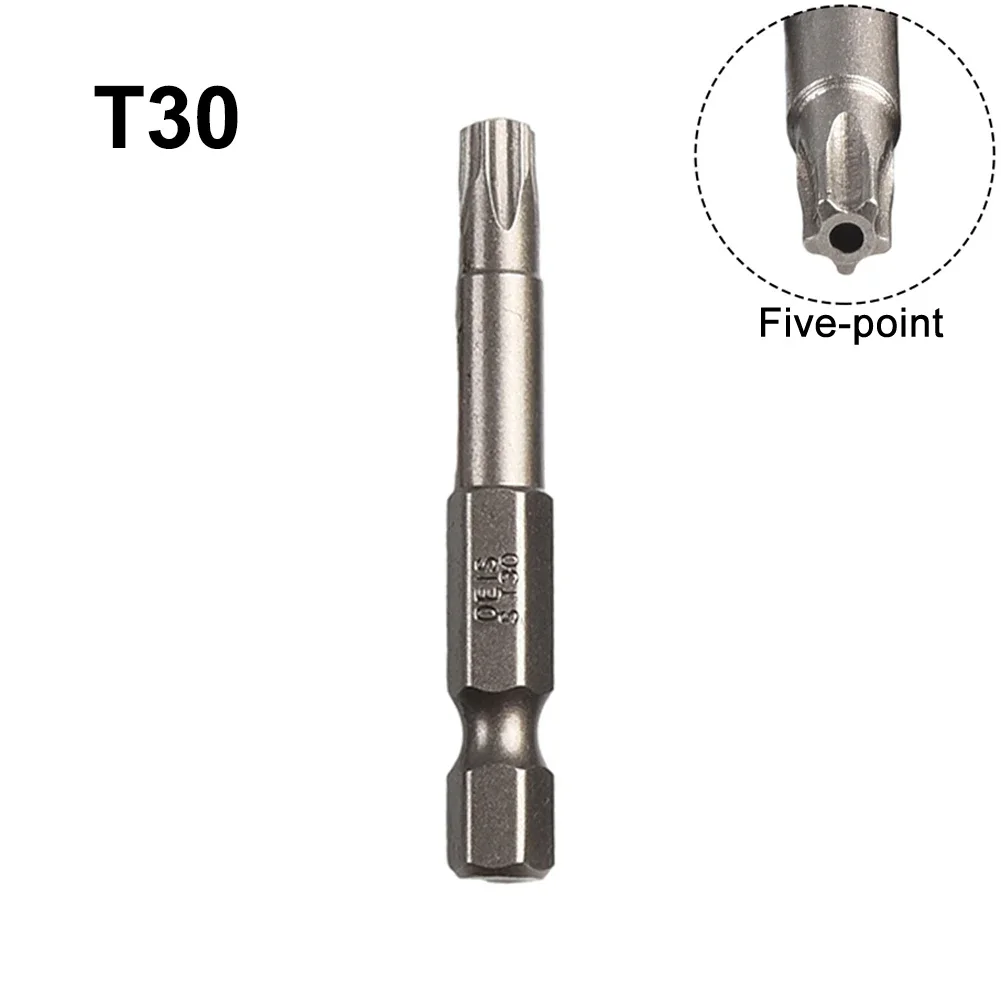 1pc 50mm Torx Screwdriver Bit 1/4\'\' Hex Shank Magnetic Five-point Torx Batch Head With Hole T8-T40 For Electric Screwdrivers