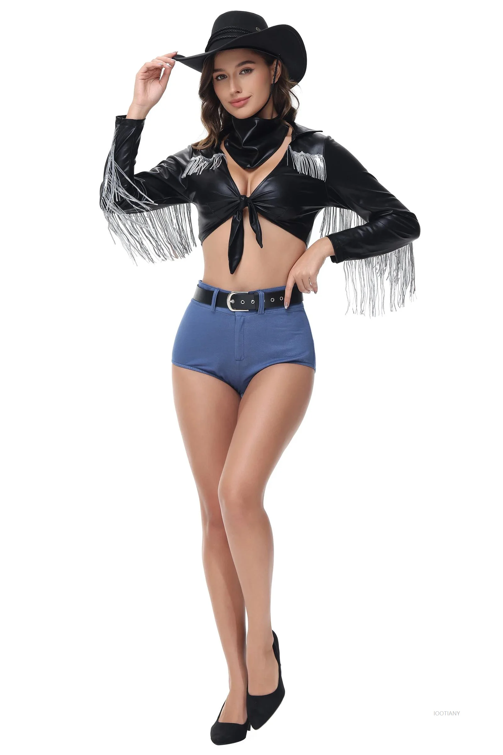 

Halloween Carnival Party Western Cowboy Cosplay Costume Masquerade PU Black Tassel 70s Retro Funny Hippie Cowgirl Masquerade