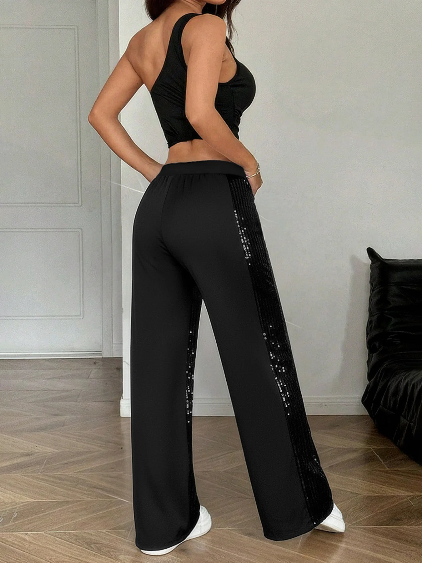 Black Trendy Fashionable Elastic Waistband Sequin Splicing Straight Leg Pants for Women