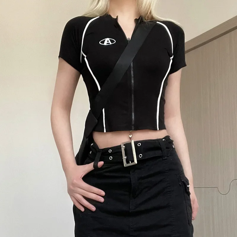 NICE Spicy Girl Motorcycle Style Short Sleeve T-Shirt Women Summer Zipper Short Top Trendy Ins Color Block Contrast Women's Tee