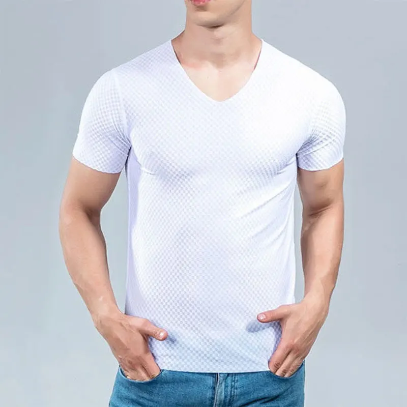 Men Ice Silk Seamless Vest Tank Tops Short Sleeves Thin Elastic Undershirt Male Body Building Fitness Plaid Underwear T-Shirt