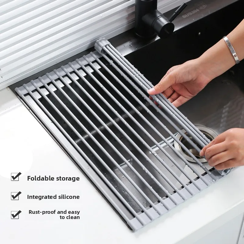 Foldable Stainless Steel Roll-Up Sink Drying Rack Rod Expandable Kitchen Draining Shelf Bowls Plates Fruit Vegetable Washing
