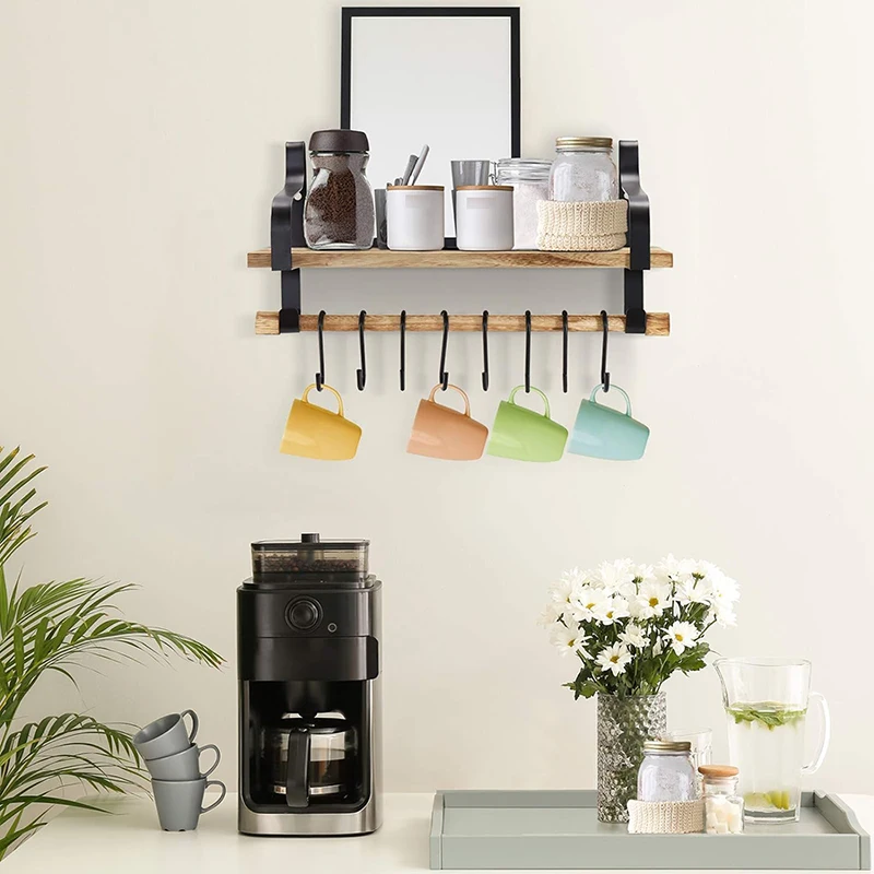 Floating rack wall rack for storing country wooden kitchen seasoning rack with towel bar and 8 detachable hooks, used for organi