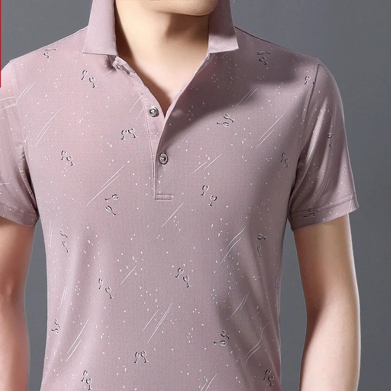 Business Casual Summer Turn-down Collar Men\'s T-shirt Printing Button Korean Trend Versatile Short Sleeve Loose Polo Shirt Tops