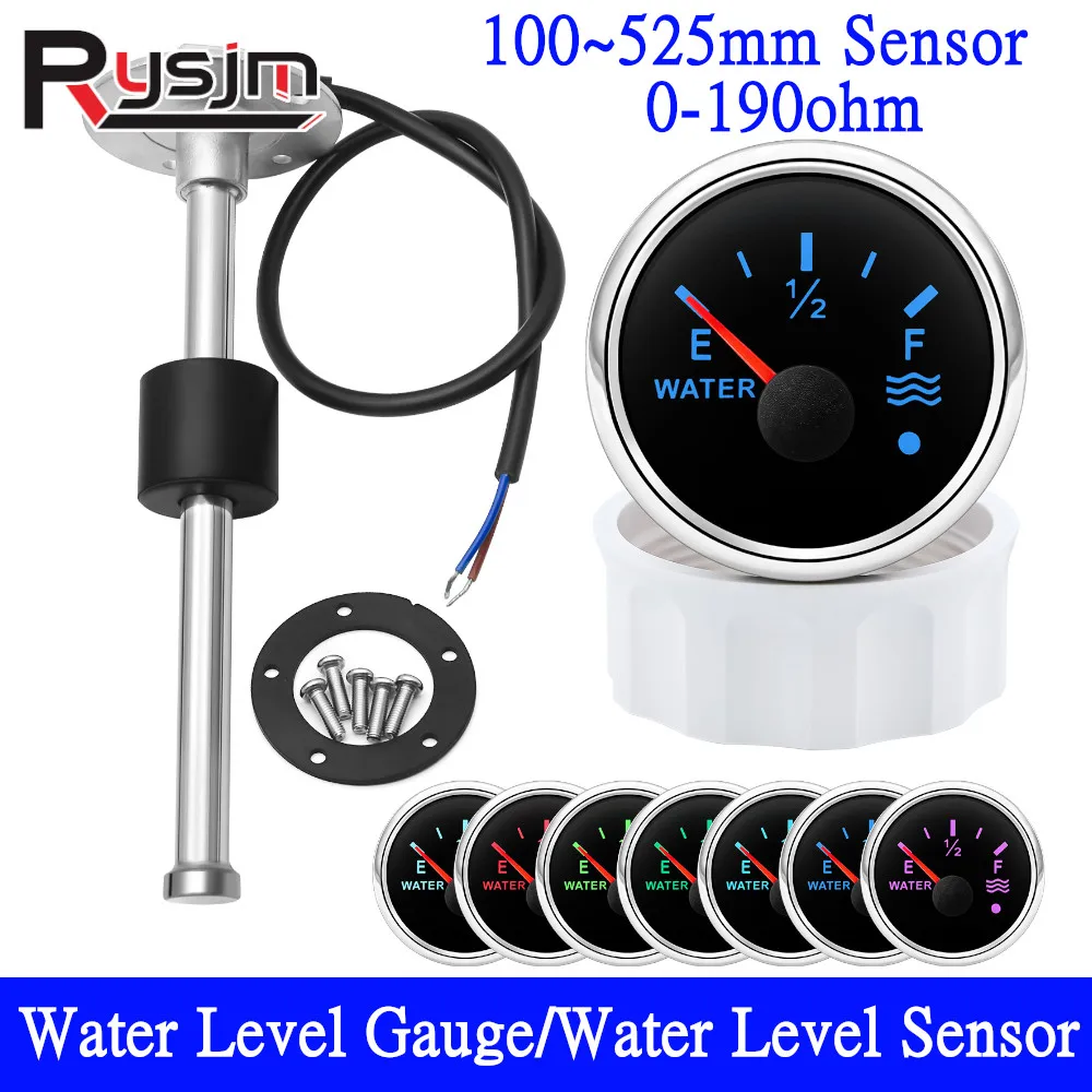 100~525mm 0-190ohm Stainless Steel Water Level Gauge Sensor For Car Boat Water Level Gauge Meter with 7 Colors Backlight 9-32V