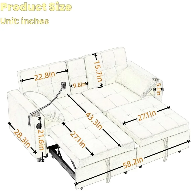 home. Divano letto queen size split da 70 pollici per soggiorno, divano letto estraibile con portabicchieri, porta telefono, struttura in legno massello,