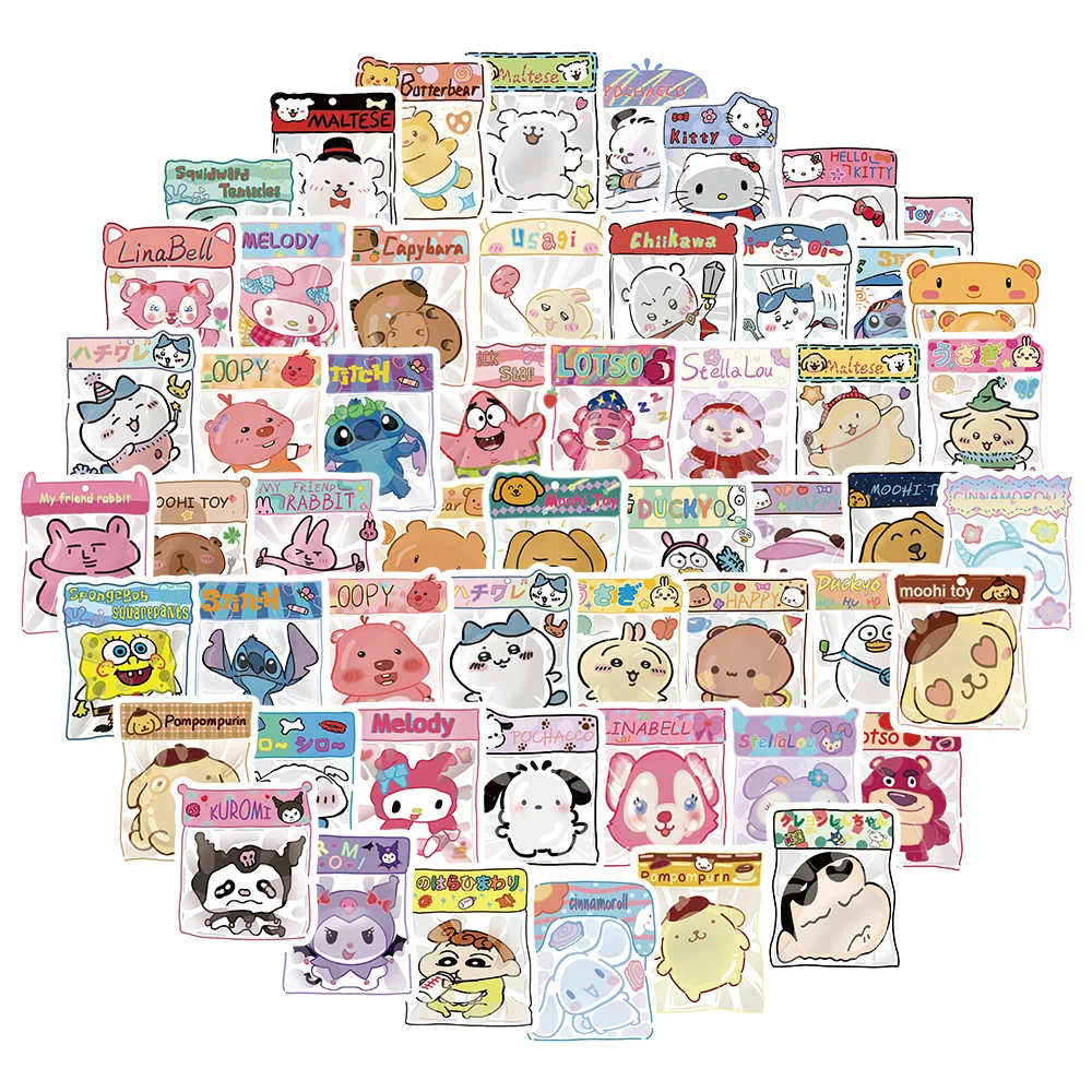 60Pcs Mixed Disney Sanrio Kawai Stitch Stickers Hello Kitty Phone Laptop Diary Graffiti Waterproof Sticker Decals Kids Toy