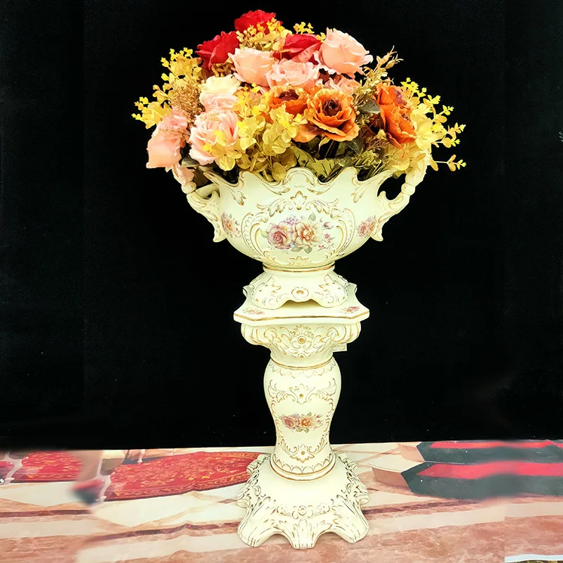 Living room European Roman column ceramic vase ornament Home decoration Hotel lobby floor-to-ceiling vase Simulation flower arra