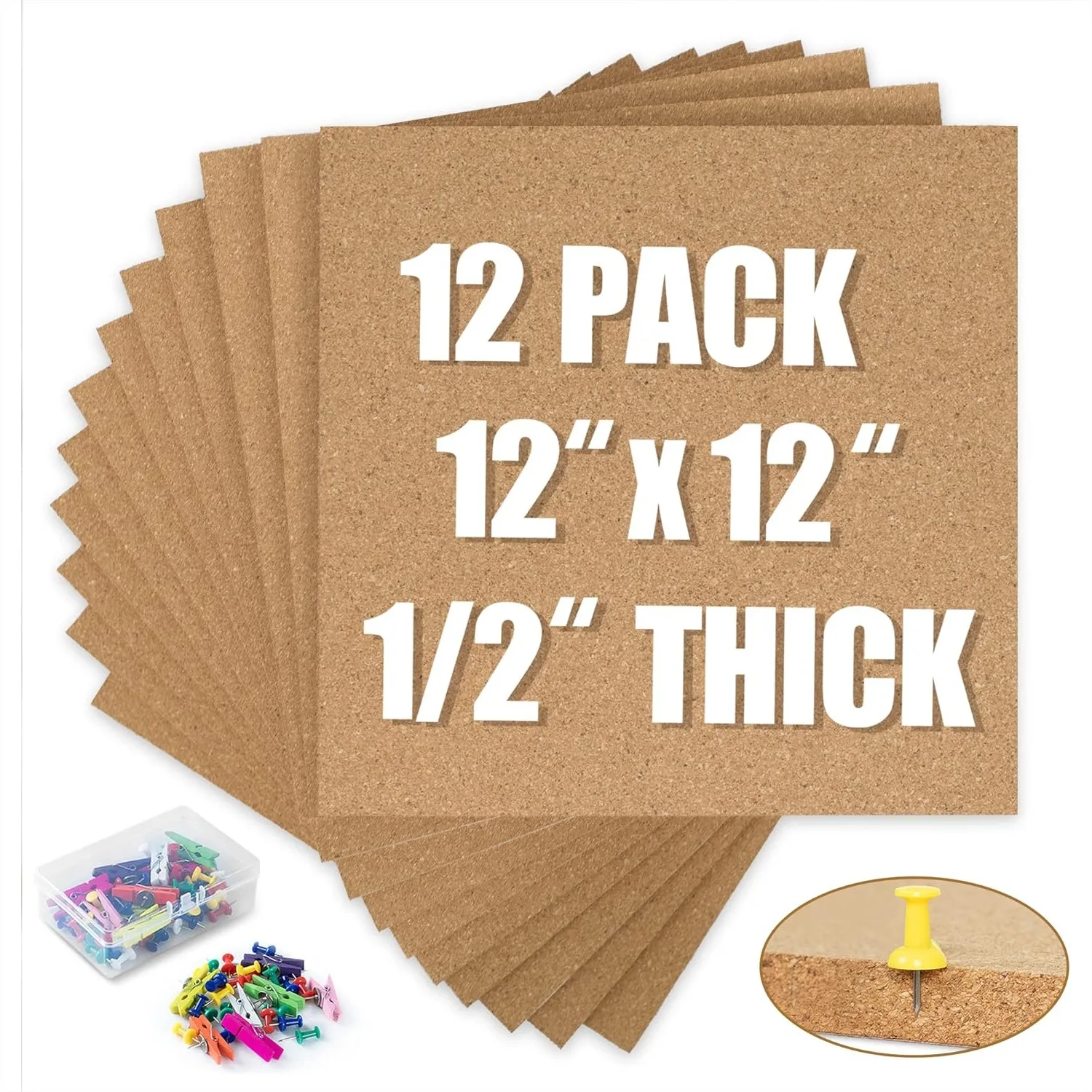 

Cork Board Bulletin Board 12x12, 1/2" Thick Cork Tiles 12 Pack, Self Adhesive Pin Board with Push Pins and Wood Clips for Home