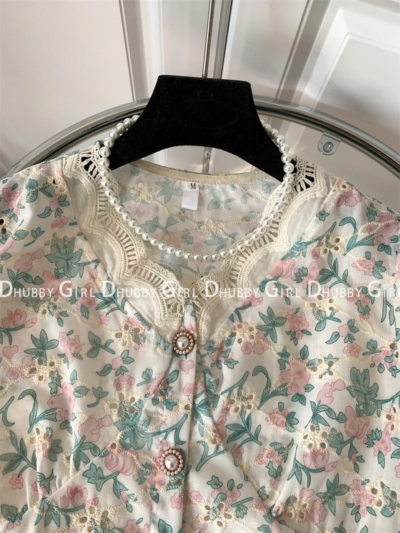Elegant V-Neck Lace Printed Ruffles Puff Sleeve Blouse Summer Casual Tops Loose Women\'s Clothing Commute Shirt