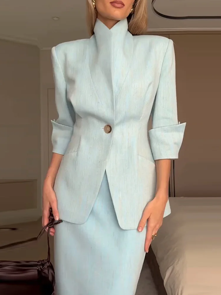 Conjunto elegante de falda y Blazer para mujer, conjunto de chaqueta ceñida en la cintura con un solo botón y mangas largas, conjuntos de 2 piezas para oficina de otoño 2025