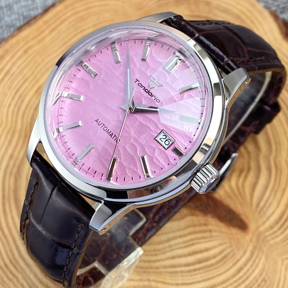 Tandorio Automatic Watch for Men NH35A Movement 10ATM Water Resistance 40mm Double Bow Domed Sapphire Crystal Pink Dial Date