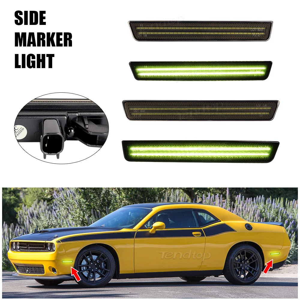 4pcs Green Lights Front & Rear LED Side Marker Light Turn Signal Driving Light For 2015-2023 Dodge Challenger