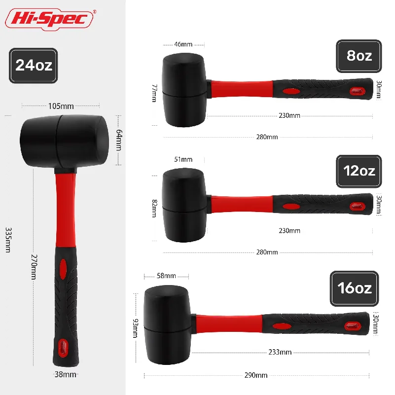 Hi-Spec Double Face Rubber Hammer, Heavy Duty Mallet with Insulated Hand Tool & Anti-Slip Grip for Installation/DIY (8/16/24 Oz)