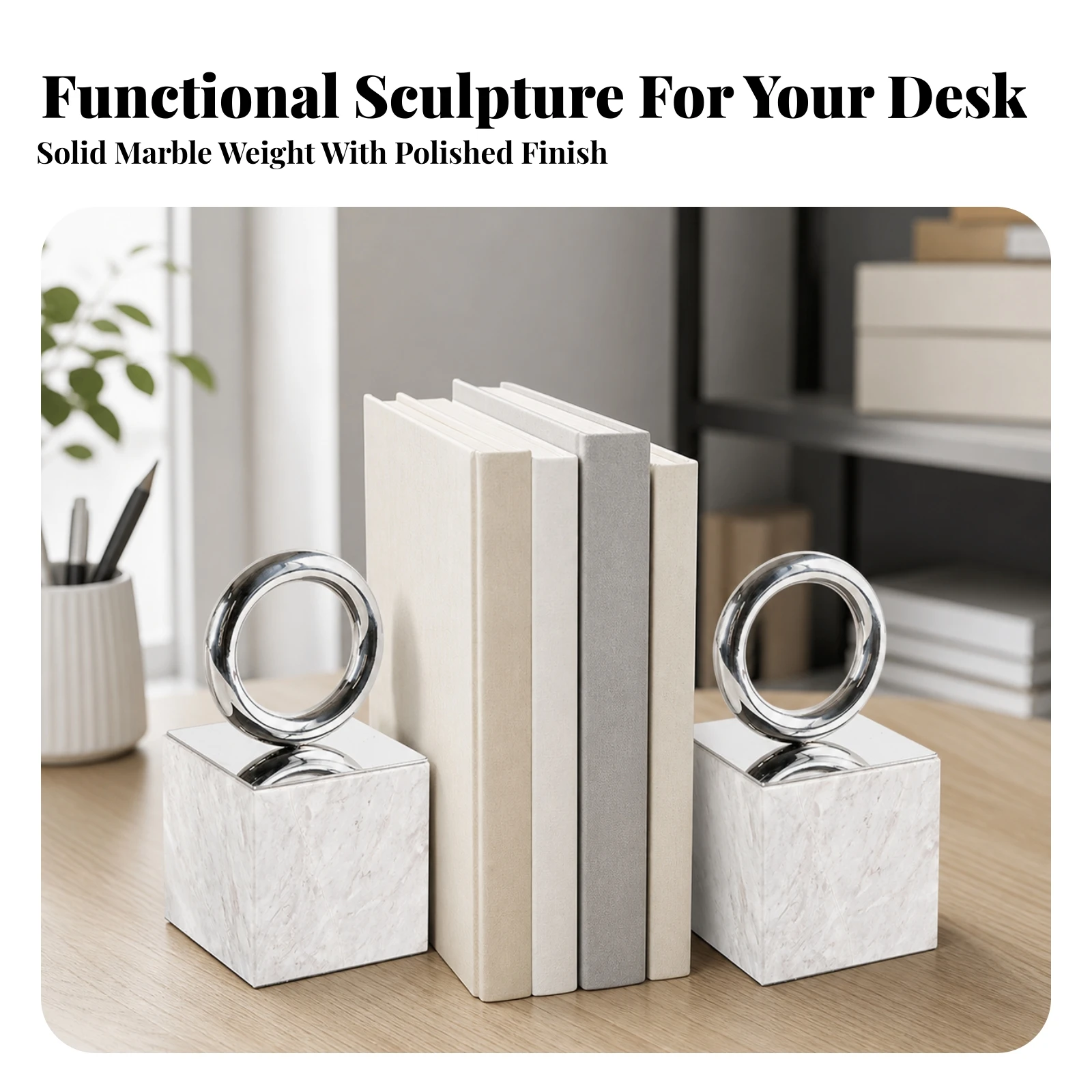 Marble Bookend Luxury Bookend with Metal Circle Marble Bookends Decorative Book Holders Modern for Readers, Bookshelf