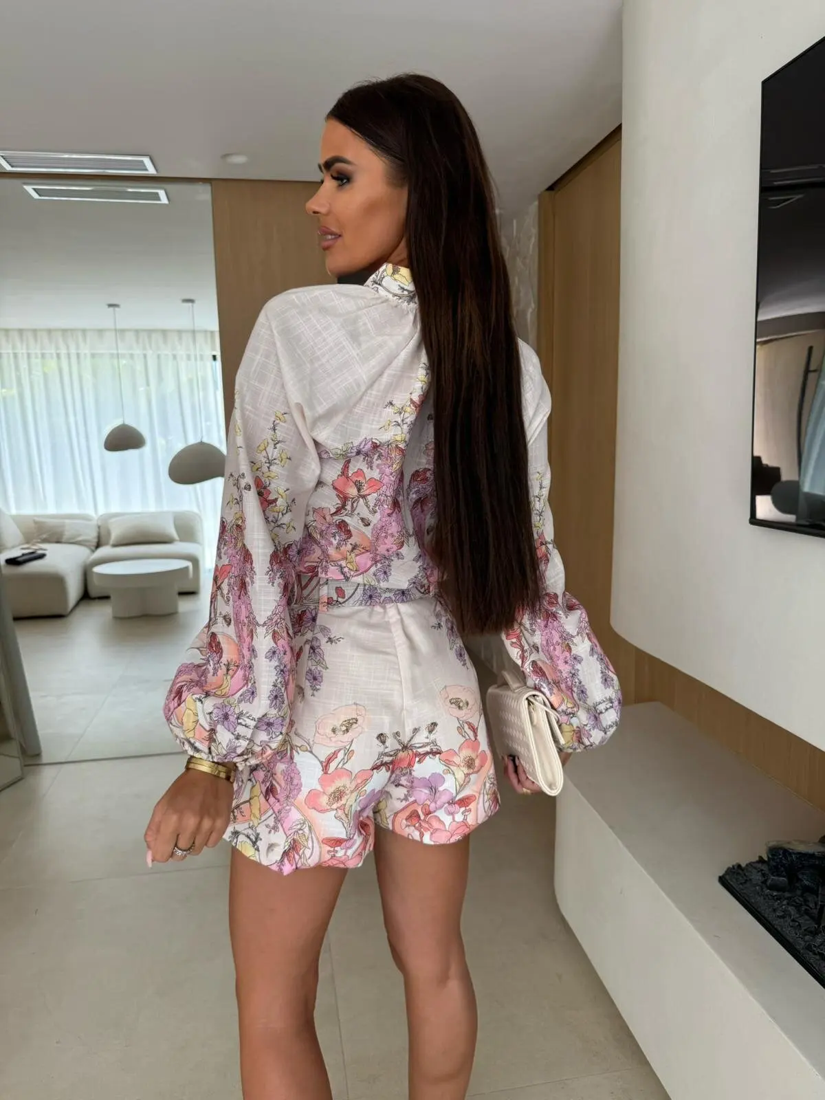 أزياء زهرة طباعة قطعتين مجموعة فضفاضة عالية الياقة طويلة الأكمام زر قميص عالية الخصر السراويل مجموعة أنيقة المرأة ركاب البدلة