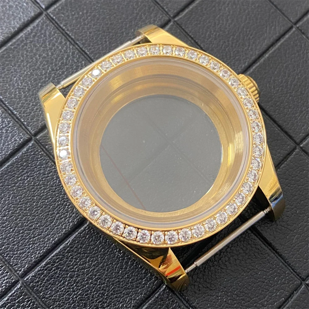 

39mm NEW Crystal Bezel Gold Stainless Steel Watch Case Sapphire Mirror Solid/Transparent Back Cover Case for NH35 NH36 Movement