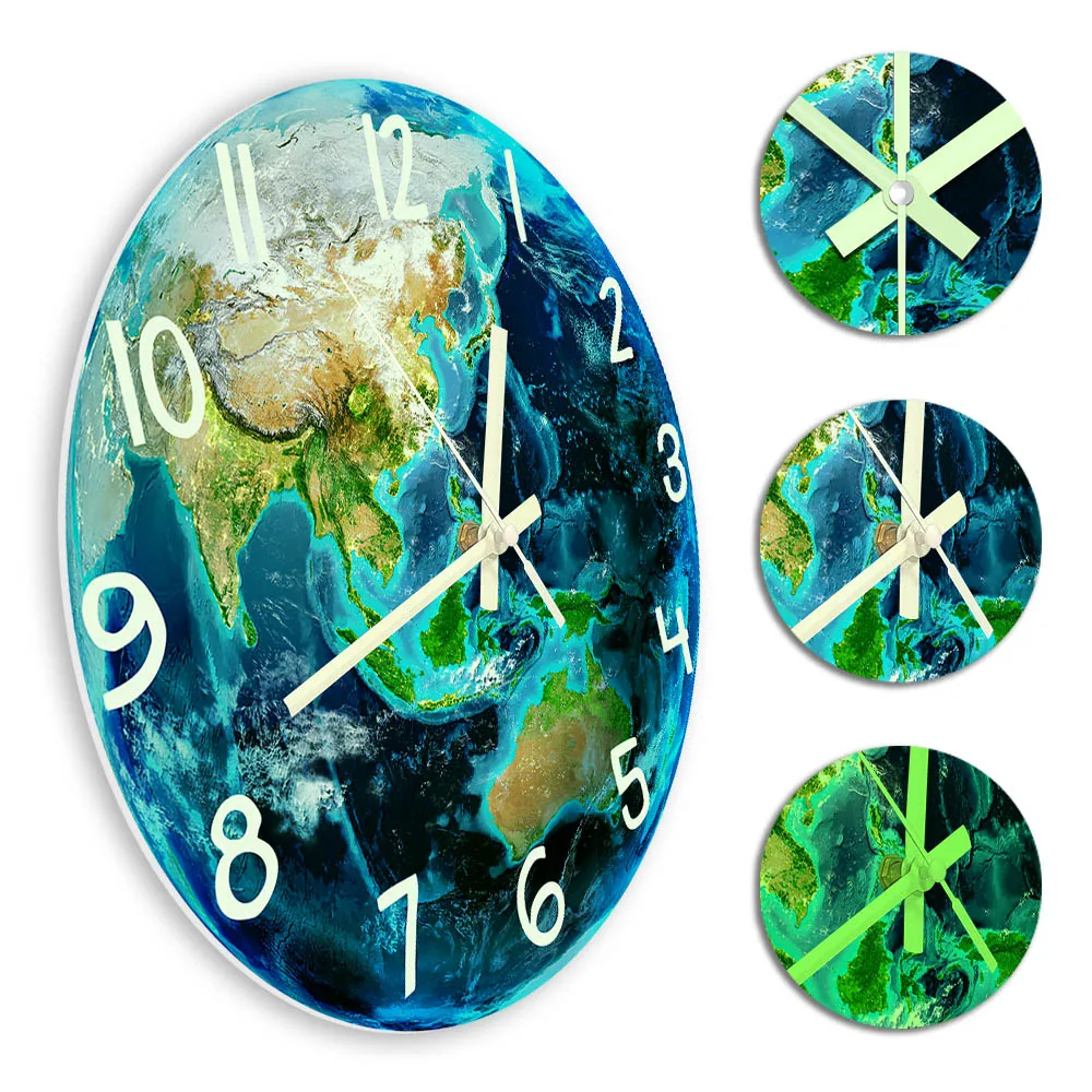 Earth Planet Night Vision Glow in The Dark Wall Clock Home Decor Solar System Space Blue Star Luminous Wall Clock For Bedroom