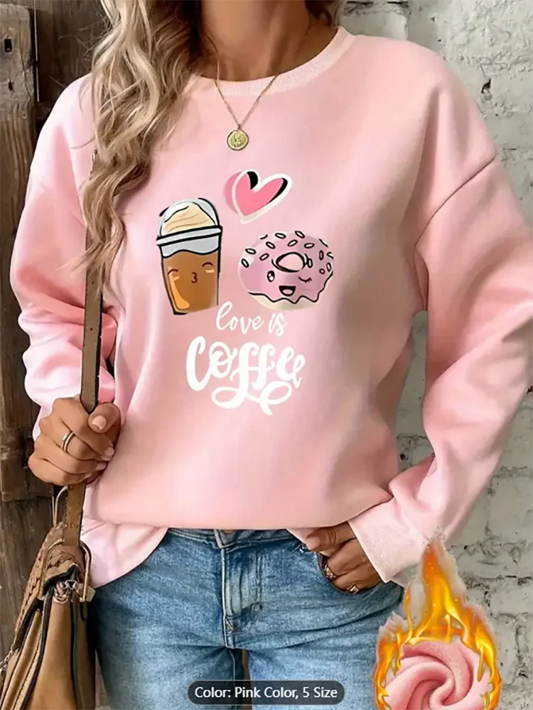 

Женский розовый свитшот Coffee Donut Love is Coffee с графическим принтом на флисовой подкладке, повседневный пуловер большого размера, топ из чистого хлопка