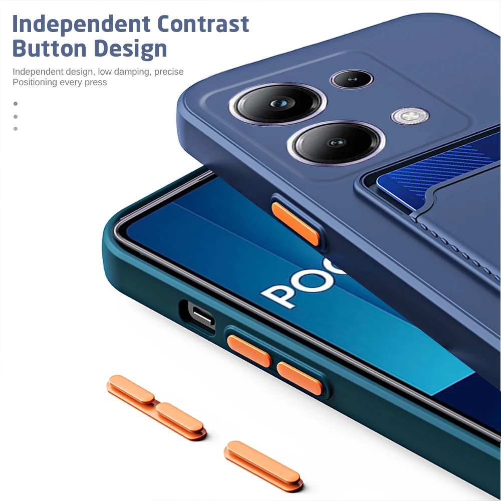 Card Slot Holder Square Soft Silicone Shockproof Case For Xiaomi Poco M6 Pro Poko Little M 6 6Pro M6Pro PocoM6Pro 4G Back Shell