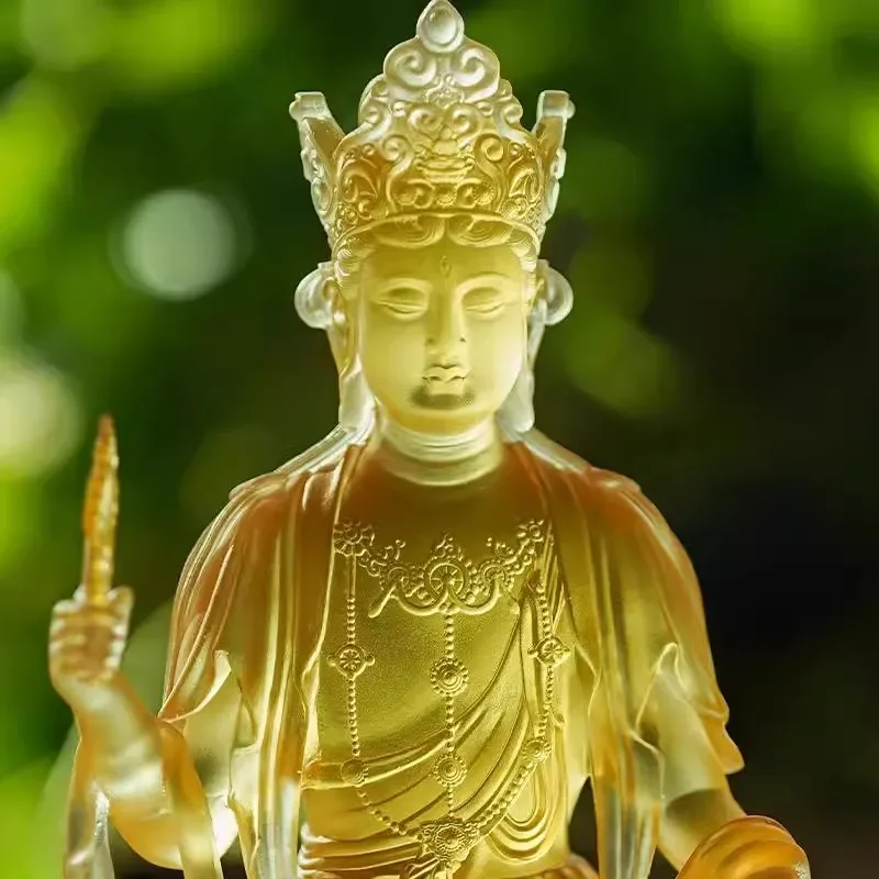 Glazed Manjushri Bodhisattva Statue Holding Sword Sitting Pose Buddhist Figure Home Living Room Study Tabletop Decoration