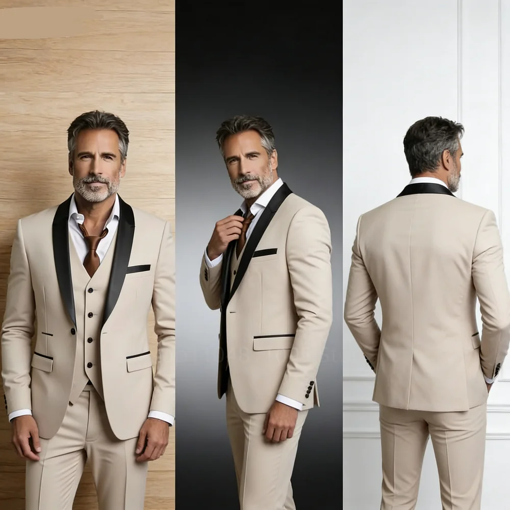 

Classic 3-Piece Slim Fit Men's Tuxedo Wedding Groomsmen Smoking Suit with Shawl Lapel Single Breasted Blazer Vest And Pants Set