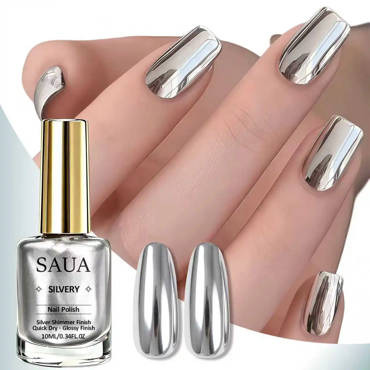 Silberner Metallic-Nagellack – schnelltrocknend, keine UV-Lampe erforderlich, spiegelähnliches Finish; die perfekte Wahl für ein Weihnachtsgeschenk. – Detail 1