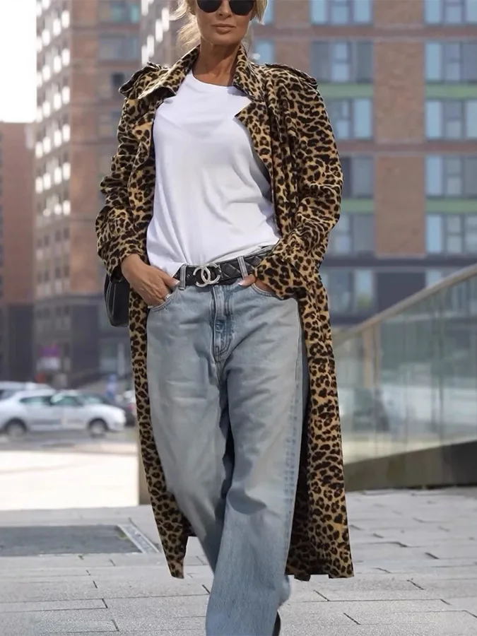 الخريف الشتاء ليوبارد طباعة معطف المرأة فضفاض غير رسمي طويل Sve بدوره إلى أسفل طوق Vintage ملابس خارجية كبيرة الحجم