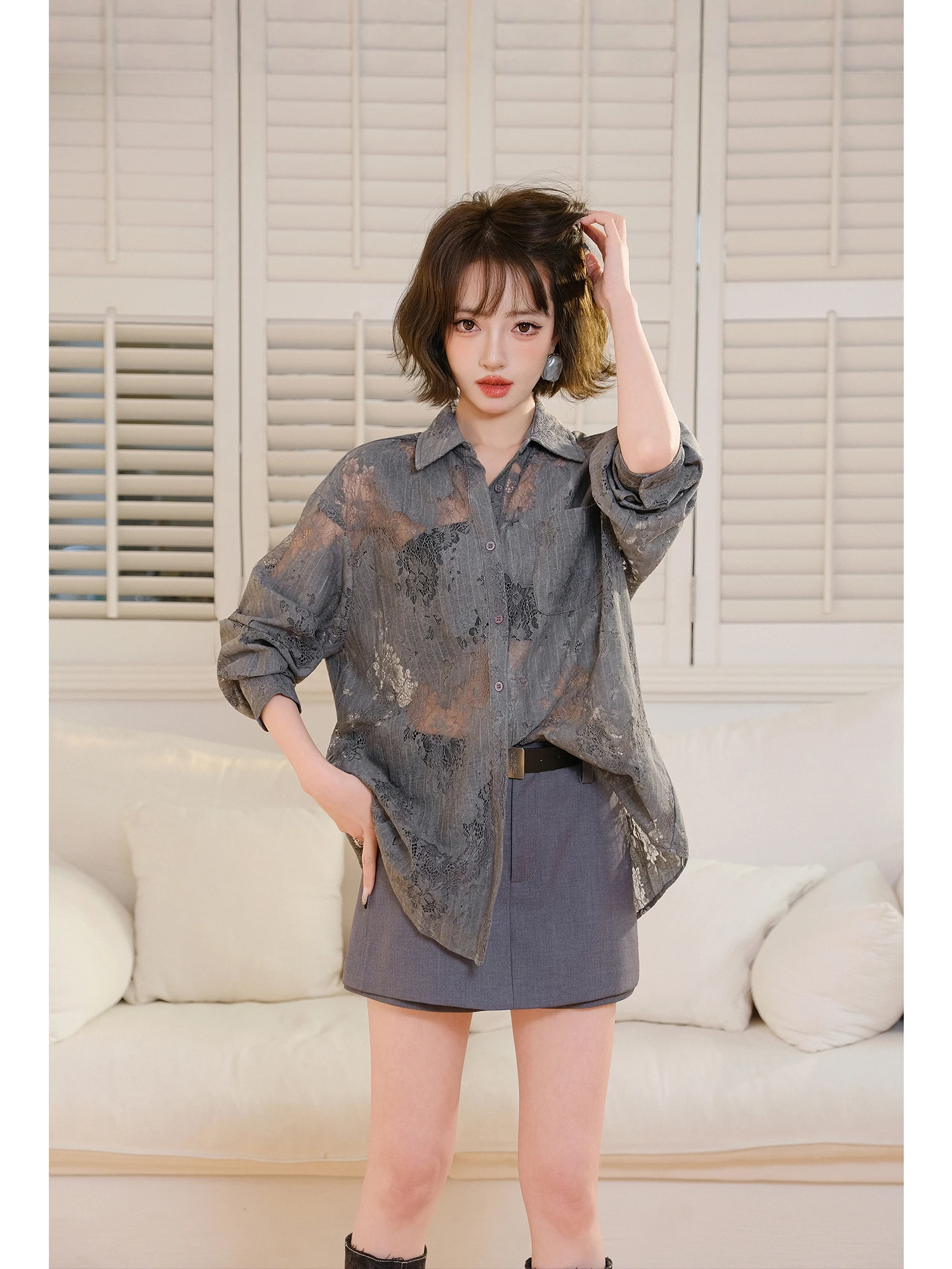 

New Arrival Women's Loose Fit Mid-Length Lace Burnout irt ey Floral Print Breathable Cotton Blend Busin Casual Sle