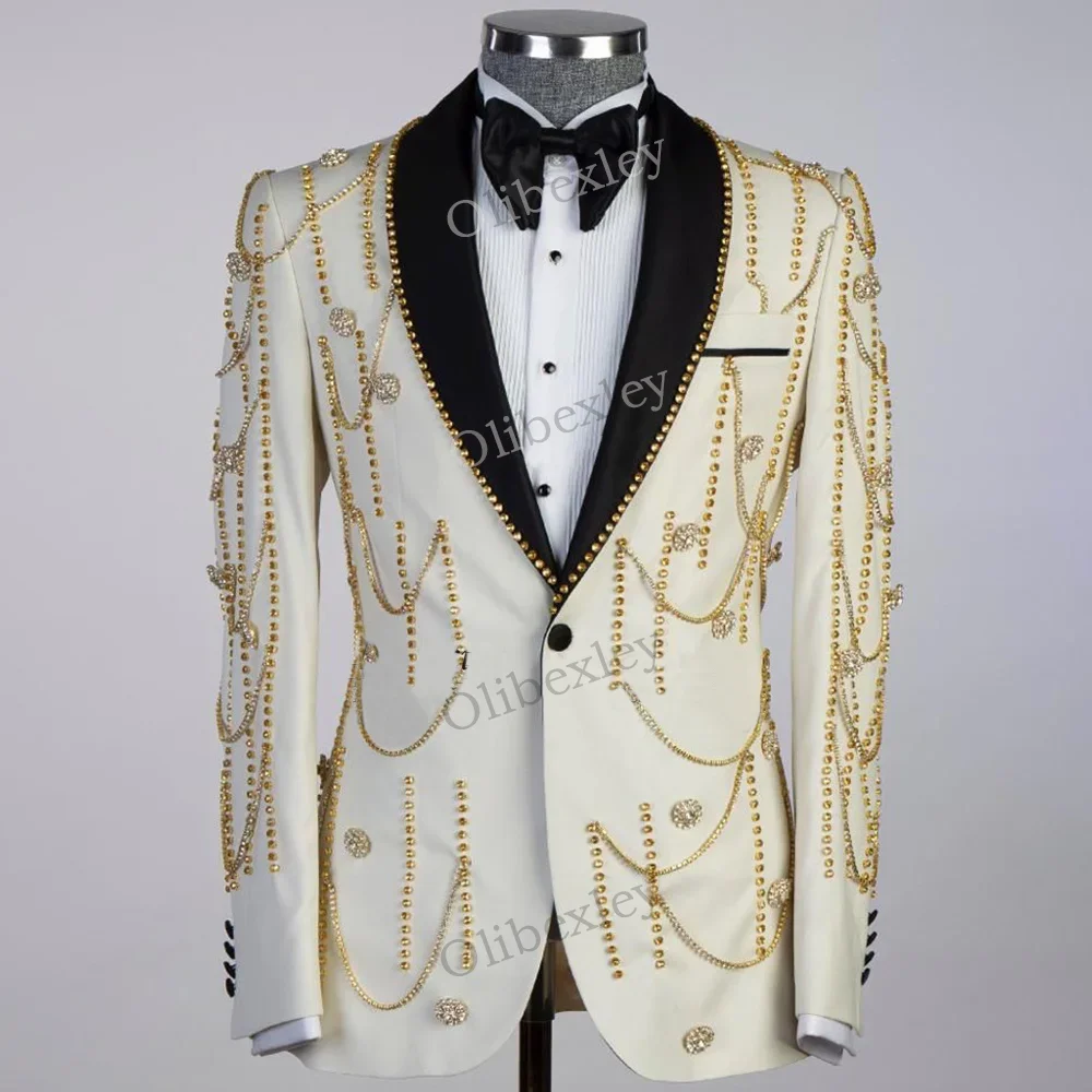 

Elegante Men's 2 Piece High Quality Suit Groom Tuxedo Beaded Crystals One Button Slim Fit Wedding Groom Business Dinner Prom