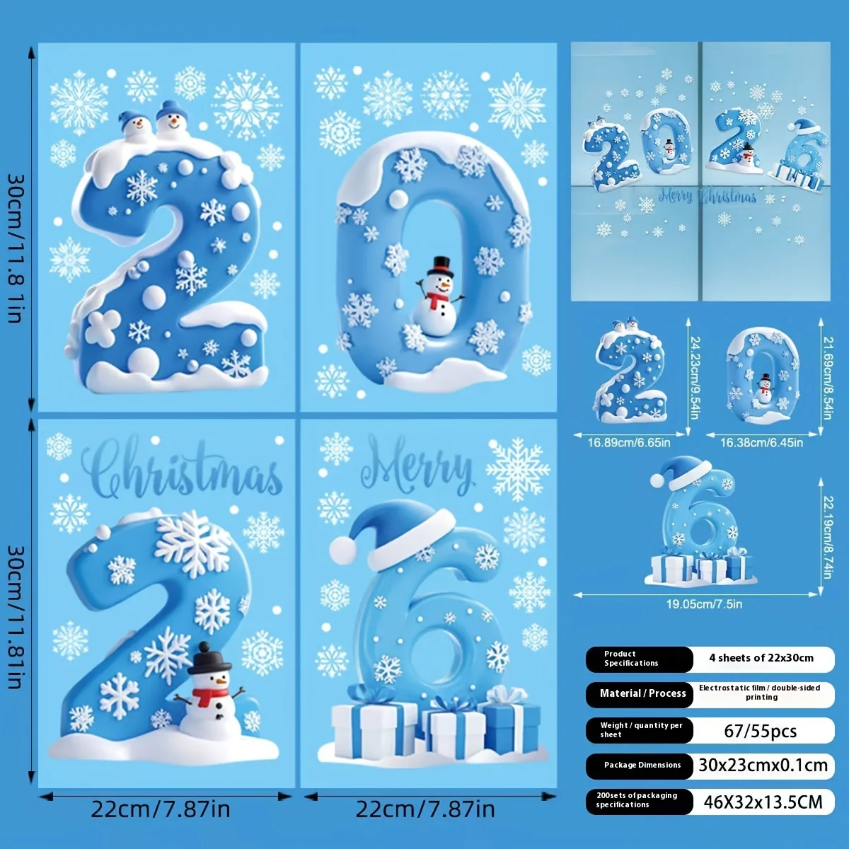 4 Blatt statische Fensteraufkleber mit 2026-Jahresnummer – blaue, weiße PVC-Schneeflocke und Schneemann mit 2026-Zahlen für das Neujahrsfenster