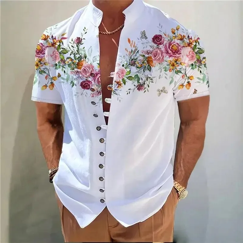 Men's Short-Sleeved Stand-Up Collar Shirt 3D Printed, Comfortable, Breathable, Vacation, Casual, Fashionable, and Popular