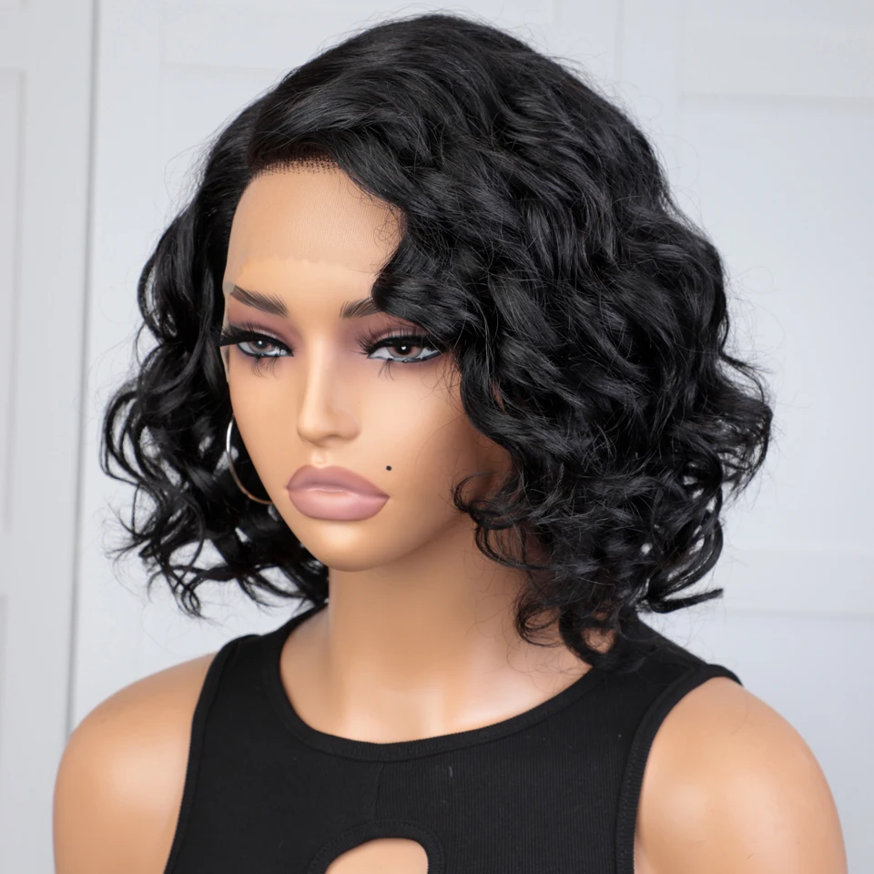 Lekker preto curto encaracolado bob 13x1 c parte frente do laço 100% perucas de cabelo humano para as mulheres cabelo remy brasileiro colorido sem cola 12 "perucas